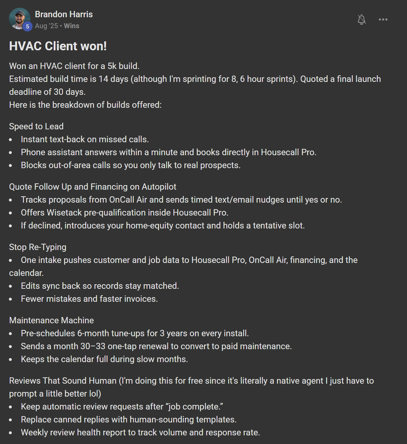 Brandon Harris — Won a $5k HVAC client build with detailed automation breakdown