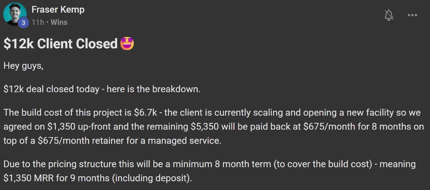 Fraser Kemp closing a $12k client deal with $1,350/month recurring revenue